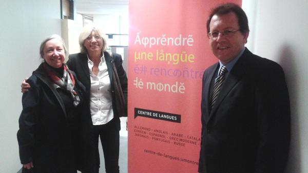 Danielle Vaillancourt, Ariadna Puiggené y Andreu Bosch al Centre de Langues de la Universidad de Montreal
